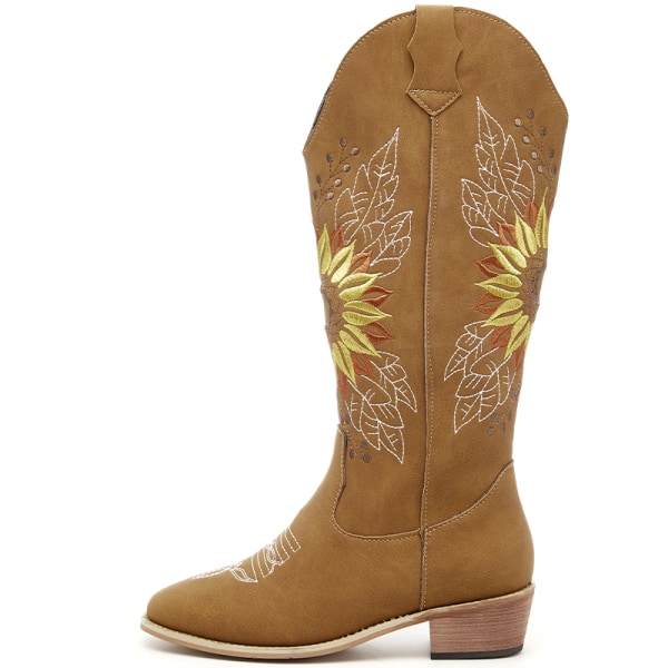 Kvinnor Western Cowboy Chunky Heel Boots Broderade Mid Calf Shoe Ljusbrun 42