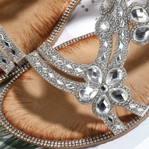 Kristallskor för kvinnor Mode Platta Sandaler Rhinestone Slip-in Silver,38