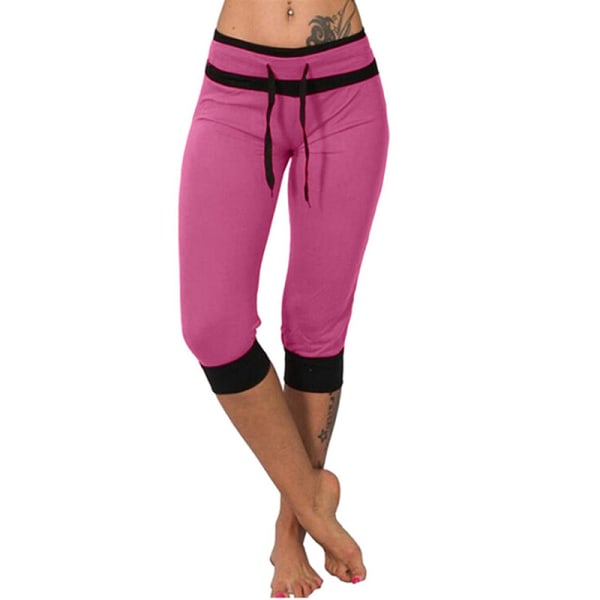 Womens Gym Bottoms High Waisted Color Block Yoga Capris Sports Rose Red XL