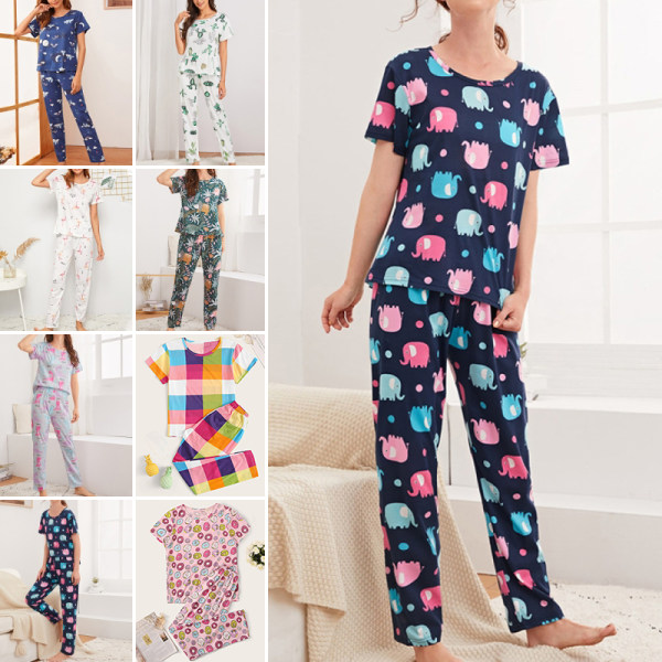 kvinder sommer pyjamas sæt rund hals blomstret plaid loungewear Botanical Garden S