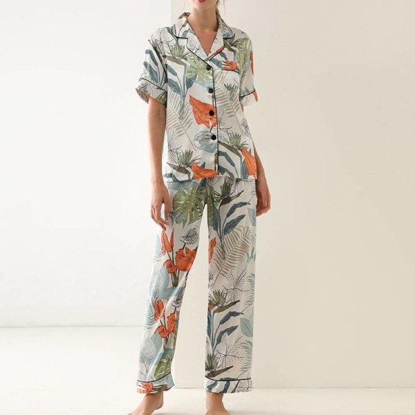 Kvinder 2 stykke pyjamas sæt kortærmede toppe + bukser nattøj Leaves S