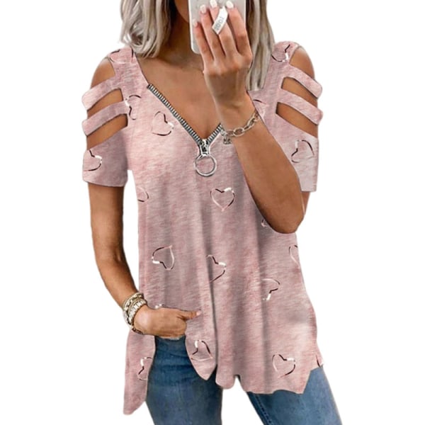 Naisten lyhythihainen T-paita V-kaula-aukolla vetoketjullinen Topit Pink L