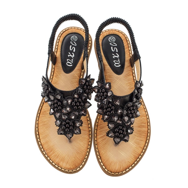 Handgjorda blomsandaler för kvinnor med rund tå flip-flop sandaler Black,40