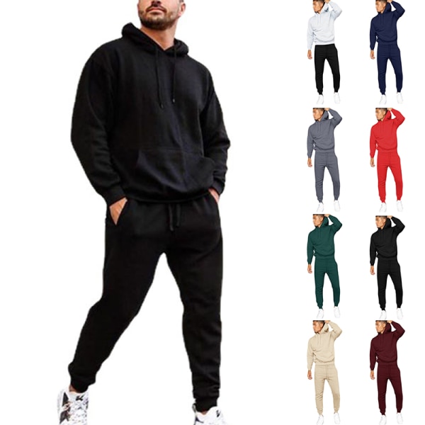 Män Med Pocket Hoodies Sweatsuit 2 St Sweatshirts+Pant Outfits Svart L