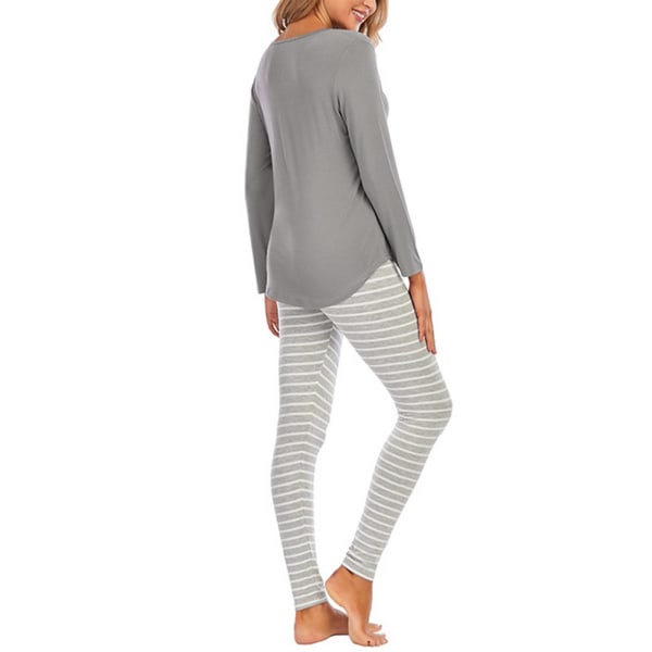 Dameprintede pyjamassæt langærmet top + bukser hjemmetøjsdragt Gray,XXL