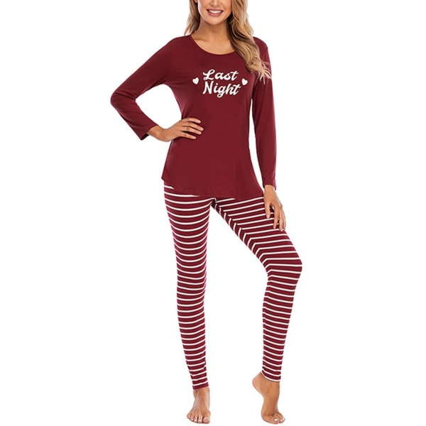 Dameprintede pyjamassæt langærmet top + bukser hjemmetøjsdragt Claret,XL