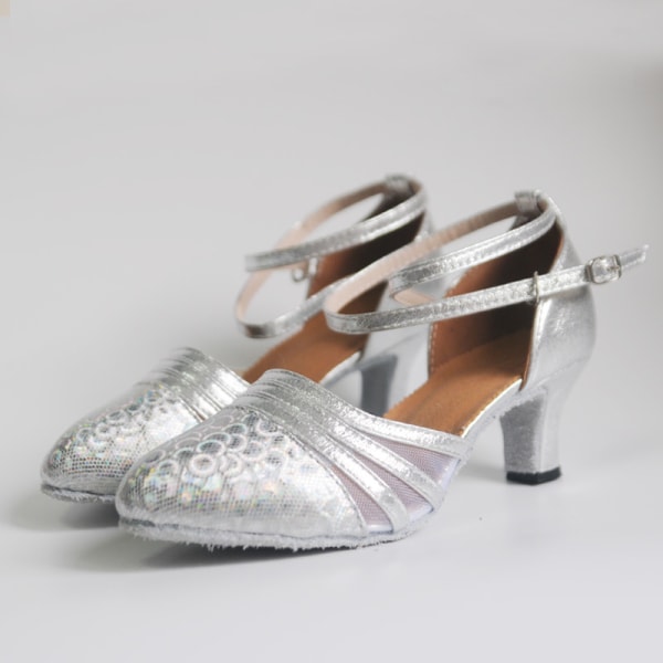 Dame Chunky Mid Heel Mid Heel Dansesko Latin Sandaler Ball Silver 42