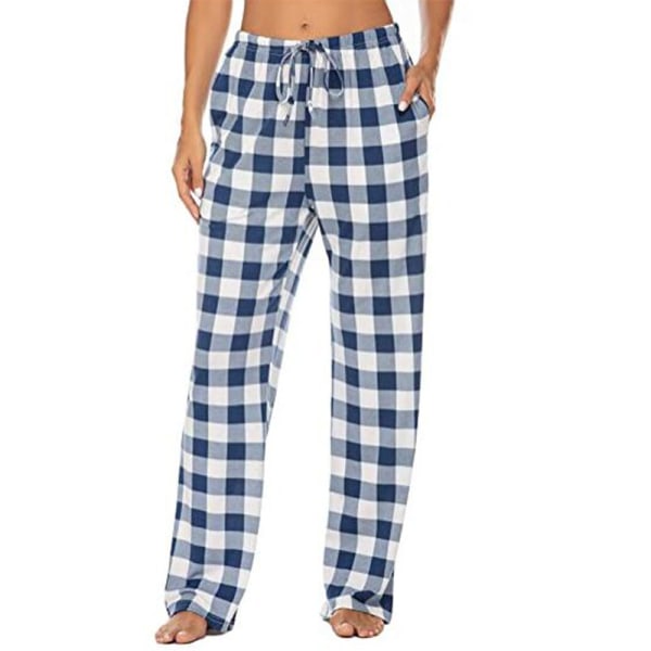 Dame plaid elastiske pyjamasbukser Casual Baggy Loungewear Blå M
