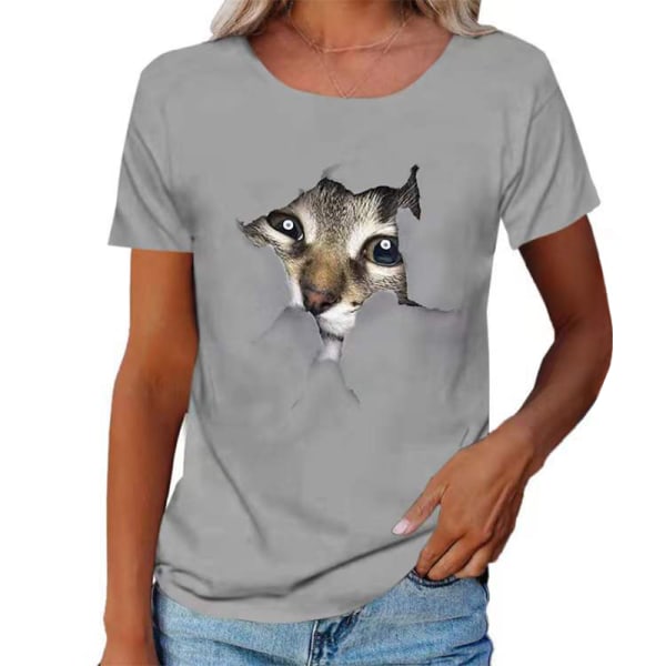 Kvinnor Cat PrintT Shirt Scoop Neck Toppar Kortärmad blus Grey L
