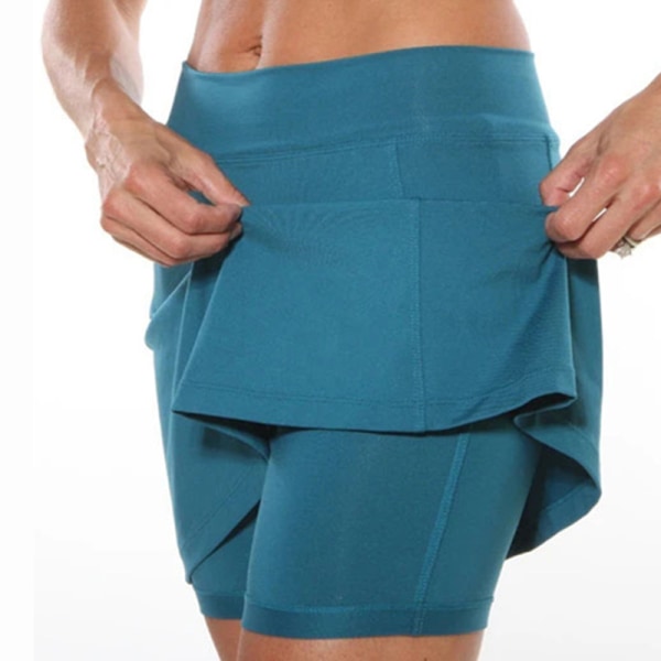 Kvinder højtalje yoga shorts A-line nederdel sport korte bukser Blue Green M