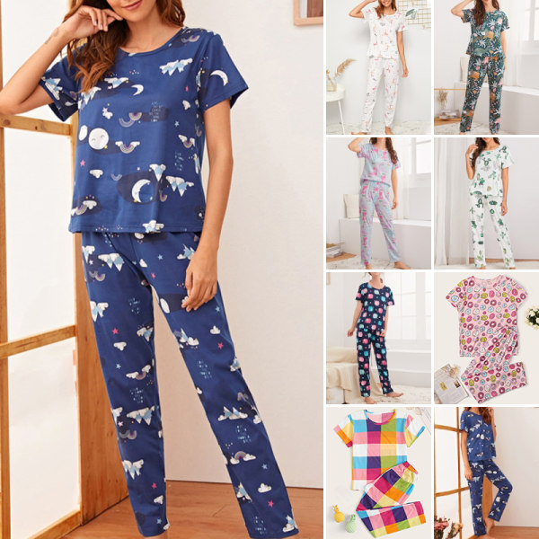 kvinnor sommar pyjamas set rund hals blommiga rutigt loungewear Powder During L