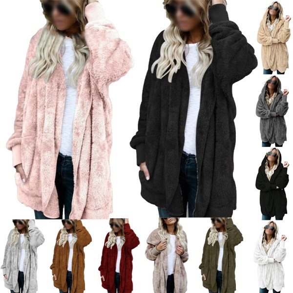 Warm Teddy Bear Fluffy Coat Dam Hooded Fleece Jacka Kaki XXL