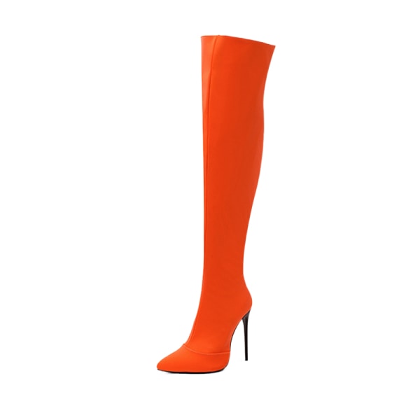 Kvinnors Pull On Zip Up Over The Knee Boots med spetsig tå Höga klackar Orangeröd 38