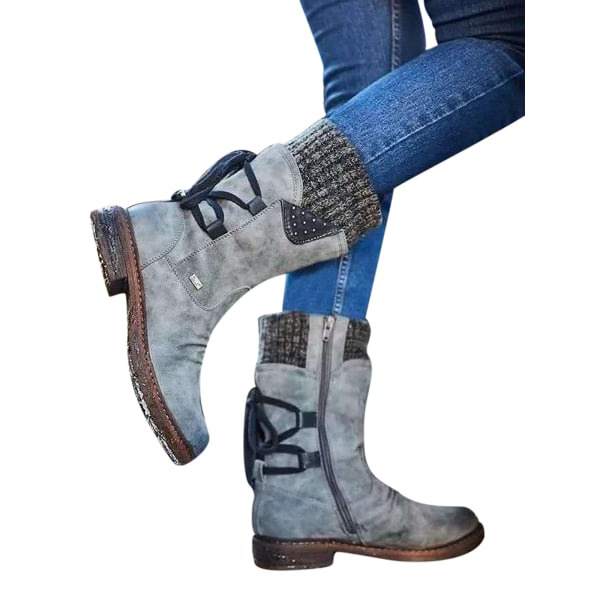 Kvinnors Vinter Mid Calf Boots Martens Booties Dragkedja Snörning Gray 39