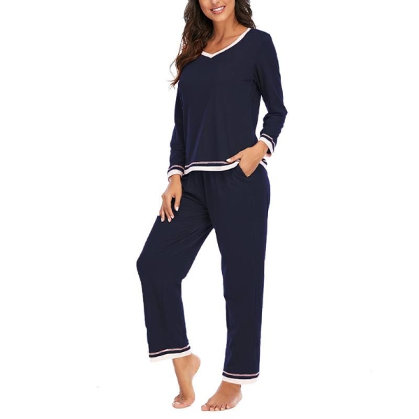 Kvinnor Långärmad Pyjamas Set V Neck Nattkläder Loungewear kostym Dark Blue,S