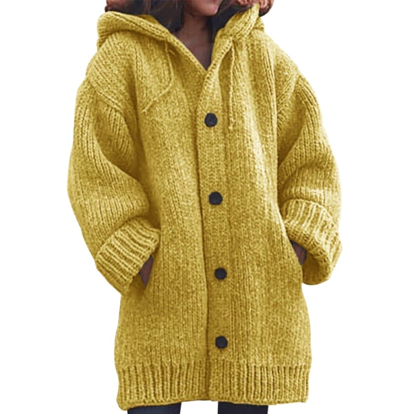 Kvinnor Chunky Knitted Cardigan Warm Sweater Coat Jackor Jumper Yellow 3XL