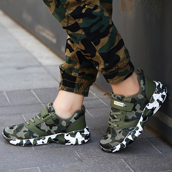 Barn Camouflage Rund Toe Walking Shoe Athletic Sneakers Grön-1 34