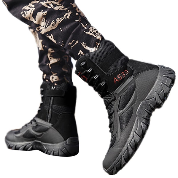 Män High Top Outdoor Shoe Rund Toe Military Tactical Boot Svart 39