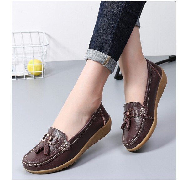 Dame Rund Toe Flats Sko Loafers Mokkasiner Tassel Nurse Coffee 37