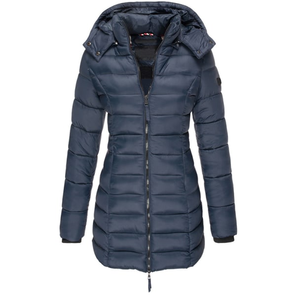 Dame hættejakke polstret vinter varm lang frakke Puffer Outwear Marinblå XL