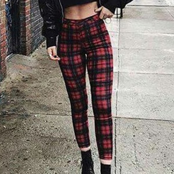 Kvinders højtaljede plaidbukser Skinny Sport Punk lange bukser Röd M