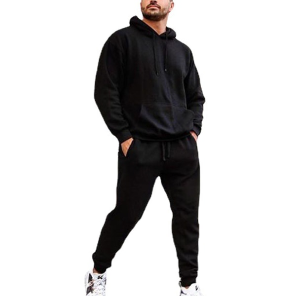 Män Med Pocket Hoodies Sweatsuit 2 St Sweatshirts+Pant Outfits Svart XL