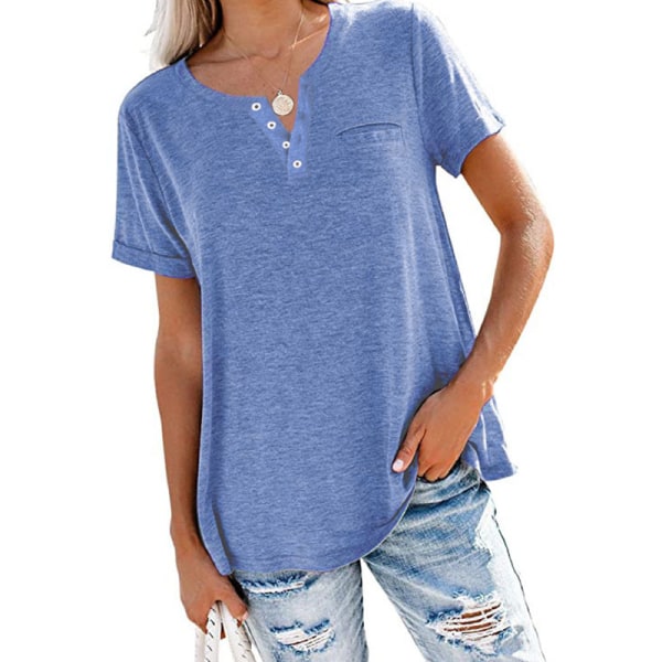 Kvinder ensfarvet kortærmet T-shirt V-hals Blue XL
