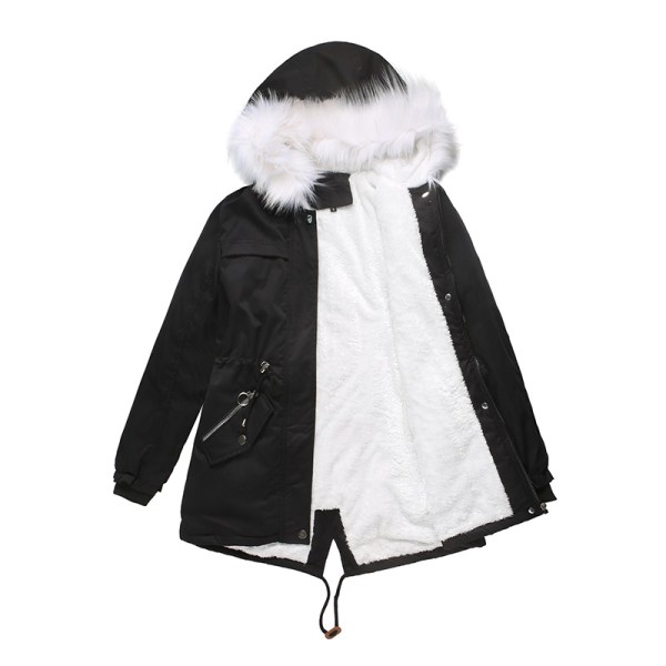 Naisten talvihupullinen takki Fleecevuorattu päällystakki vetoketju Black M