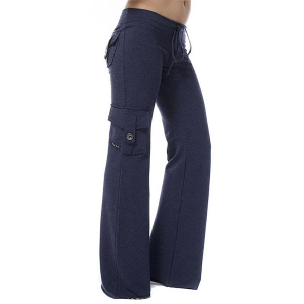 Ladies Yoga Gym Sport Bred Lommebukser Løse lange bukser Navy Blue,2XL