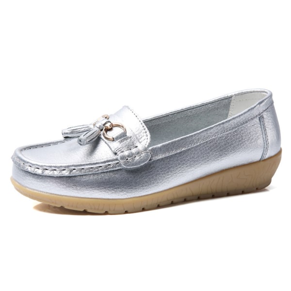 Dam Loafers Flats Slip On Flat Shoes Square Toe Anti Slip Silver 36