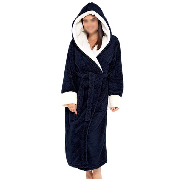 Langærmet fuzzy plys badekåbe til kvinder med bælte i fleece Marinblå XL