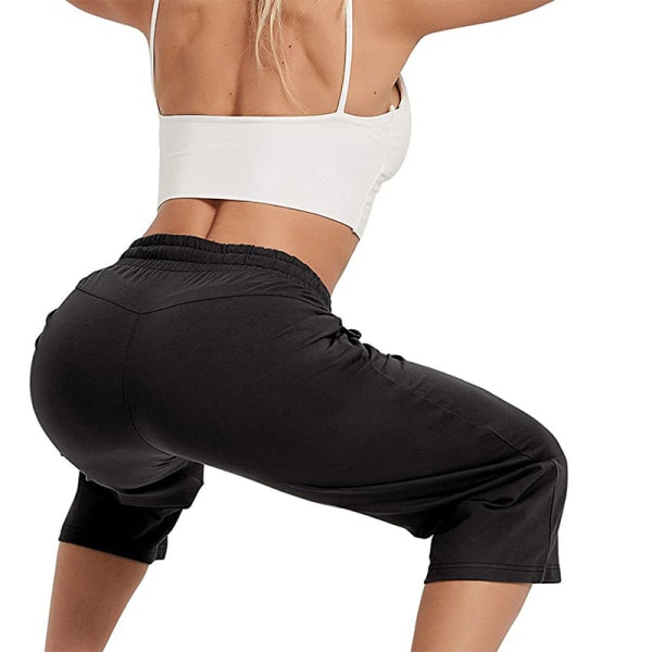 Kvinnor Mid Waist Yoga Byxor Loose Sports Elastisk midja beskuren Black,S