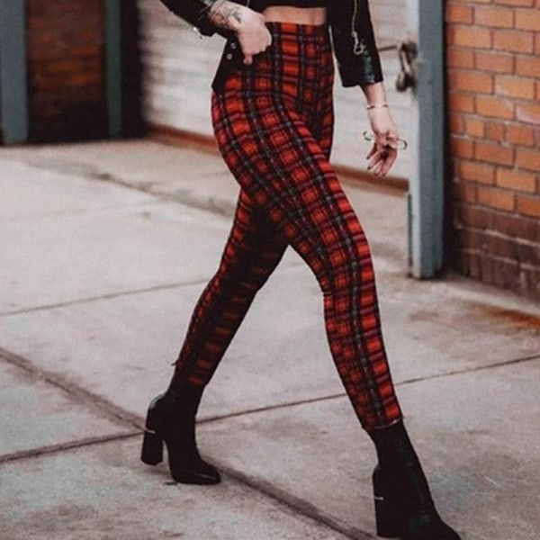 Kvinders højtaljede plaidbukser Skinny Sport Punk lange bukser Röd XL