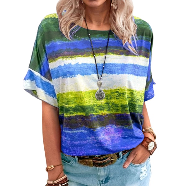 Kvinder Løs T-shirt Dame rund hals sommer strandbluse toppe Blue XL