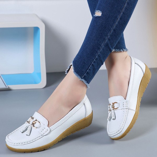 Dame Rund Toe Flats Sko Loafers Mokkasiner Tassel Nurse White 40