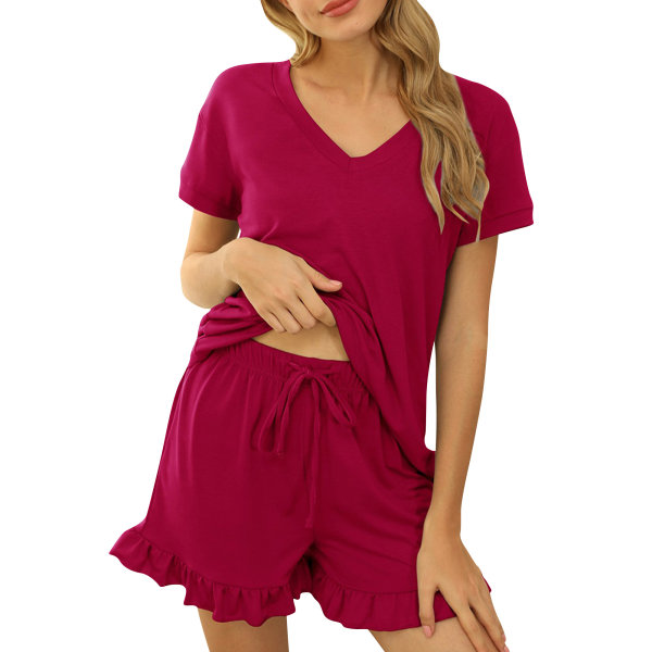 Kvinder Pyjamassæt V-hals Kortærmede T-shirts Shorts Hjemmetøj Red,XL