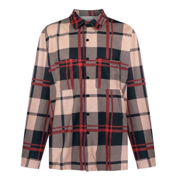 Herre plaid langærmede skjorter Casual Lapel Streetwear frakke Röd 4XL