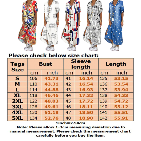 Naisten lyhythihainen pitkä mekko Print Maxi-mekot White Red 4XL
