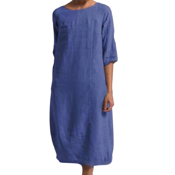 Kvinnor Enfärgad midiklänning Vanlig lös halvärmad klänningar Blue 2XL