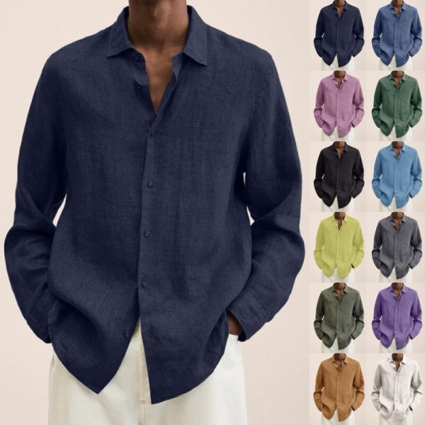 Långärmad herrskjorta Solid Casual Baggy Tops Blus Blå 2XL