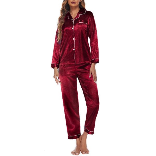 Kvinder Solid Pyjamas Sæt Nattøj Pyjamas Button Casual Suit Red L