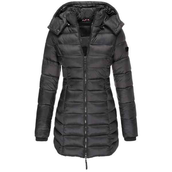 Dame hættejakke polstret vinter varm lang frakke Puffer Outwear Svart XXL