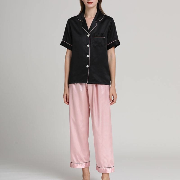Kvinder 2 stykke pyjamas sæt kortærmede toppe + bukser nattøj Black Light Pink M