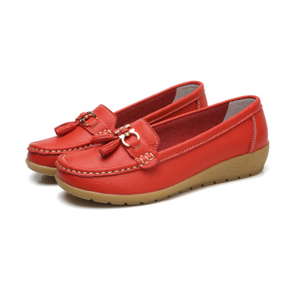 Dame Rund Toe Flats Sko Loafers Mokkasiner Tassel Nurse Red 41