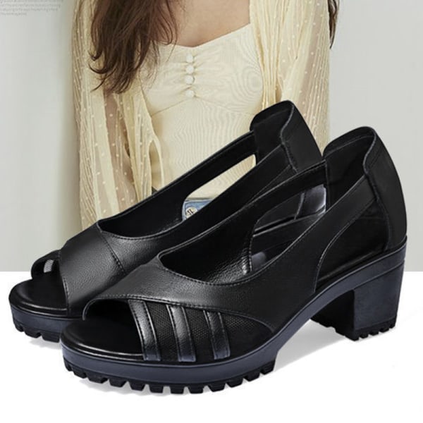 Kvinnors tjocka mellanklackade klänning sandaler Danspumps mamma skor Black 35