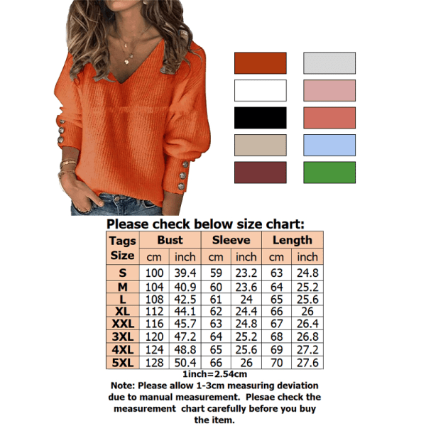 Dam med djup v-ringad tröja Baggy tröja Toppar Stickad knapp Orange 3XL