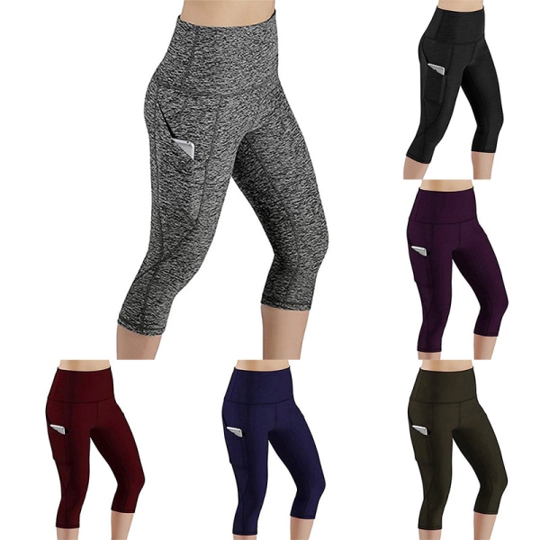 Kvinnor Yoga Byxor High Waist Leggings Cropped Pocket Fitness grey,XL