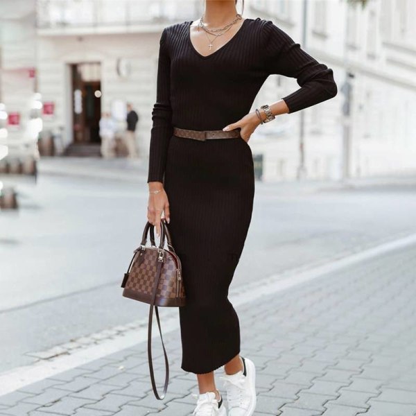 Stickad långklänning kvinnor V-hals Stretch Slim långärmad klänning Black 3XL