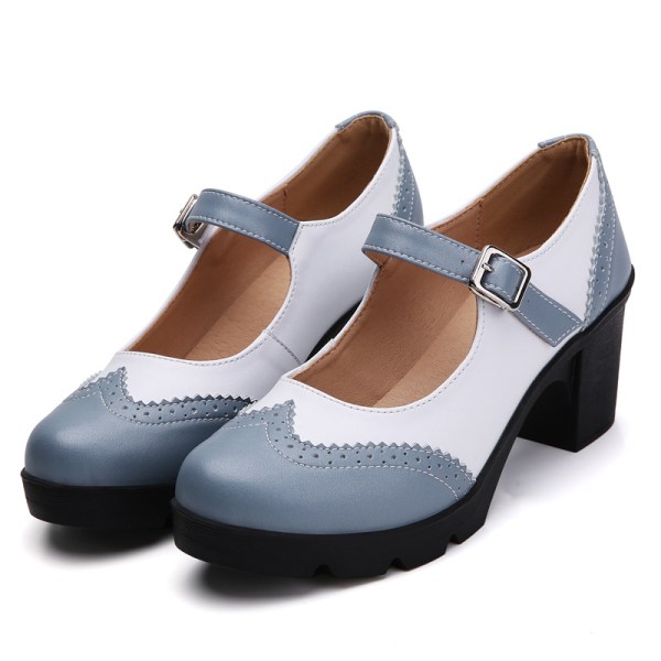 Kvinder Chunky High Heels Dress Pumps Shoes Thick Sole Cake Shoes Blue White 39