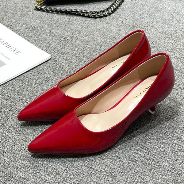 Kvinders spidstå kjole Sko Mid Slanke hæle Pumps Bryllup Red 36